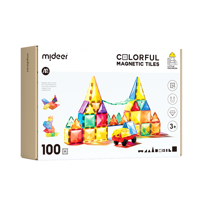 mideer弥鹿儿童磁力片彩窗磁吸积木棒男女孩拼图益智生日礼物玩具[彩窗磁力片-100片(9种片型+2车+收纳袋)]