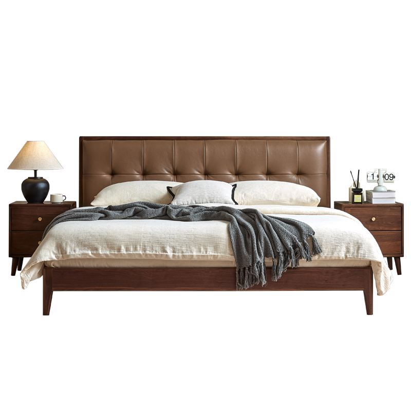 林间雀 北美黑胡桃1.5m*2m真皮软包实木床现代主卧1.8m*2m双人床卧室大床 JM38#