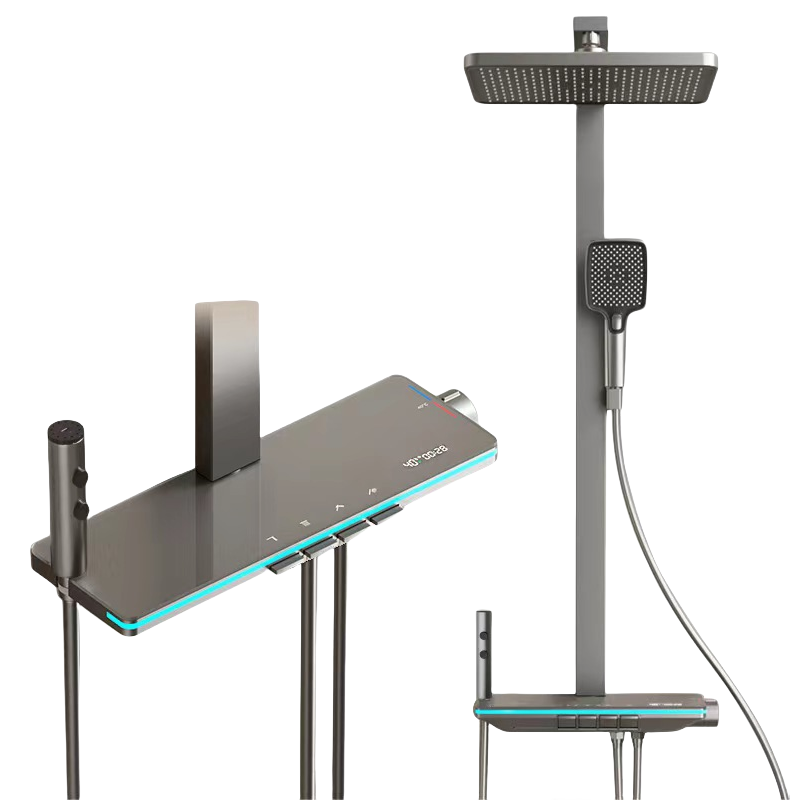 汉德斯科水镀枪灰色控温淋浴花洒套装氛围灯数显全铜主体水路增压顶喷喷枪置物架家用淋浴器 S601