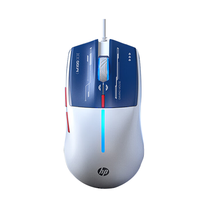 惠普M100有线电竞游戏发光鼠标轻音办公商务RGB灯效台式电脑笔记本通用USB接口磨砂人体工学机甲蓝[低音版]
