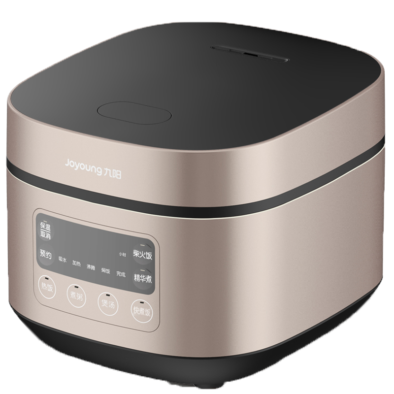 九阳Joyoung 3L方形电饭煲 600瓦底盘加热 金色金属外壳 0.9毫米不粘内胆 触摸控制可预约稀饭模式