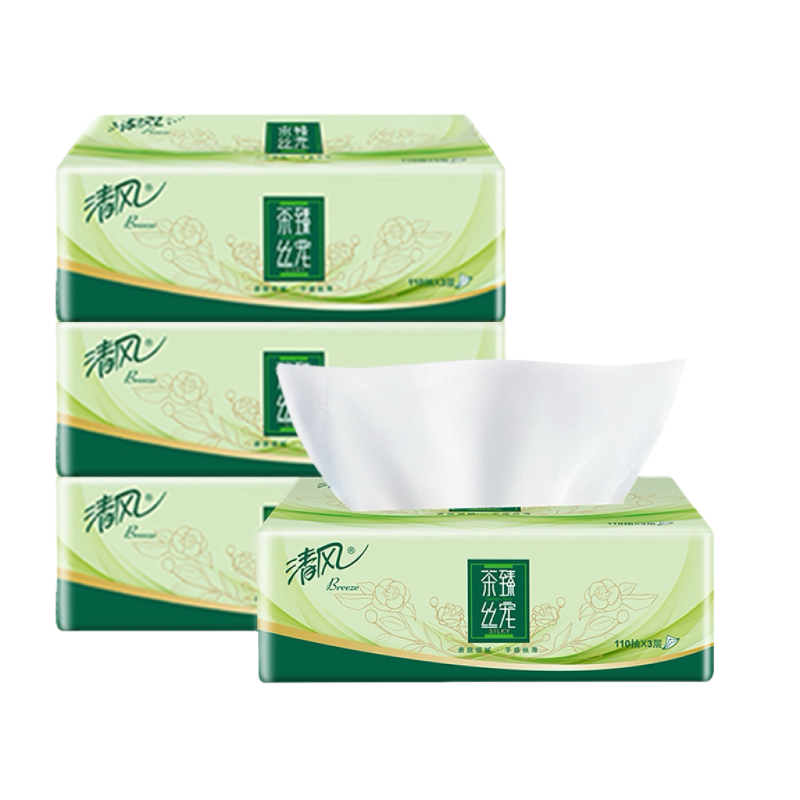 清风抽纸110抽5包家用实惠装餐巾纸面巾纸擦手原木卫生纸巾