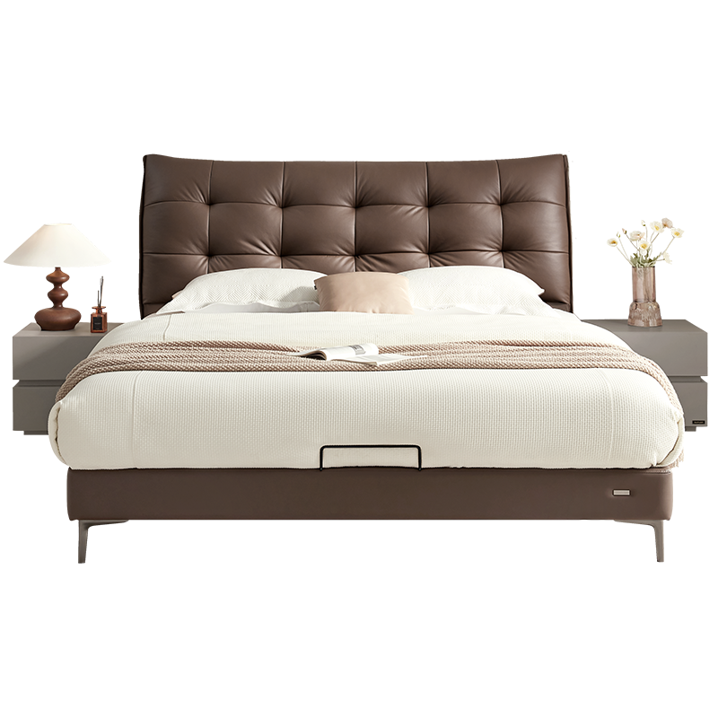 全友家居皮艺床复古极简头层牛皮软包床小户型卧室多功能双人大床