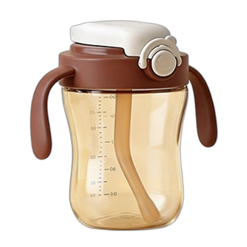 美玲妈妈棕色锁口杯杯300ml宝宝婴儿喝水杯家用儿童喝牛奶学饮杯子大口径不漏不洒