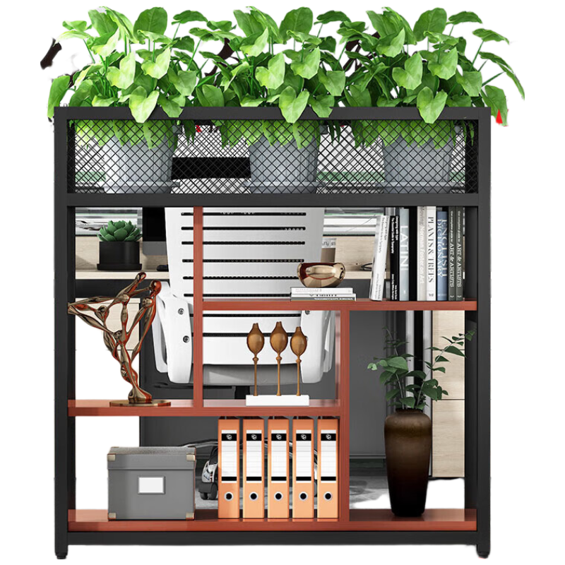 戴劲铁艺置物架绿植花架隔断收纳架办公室装饰架长80cm黑架+柚木色