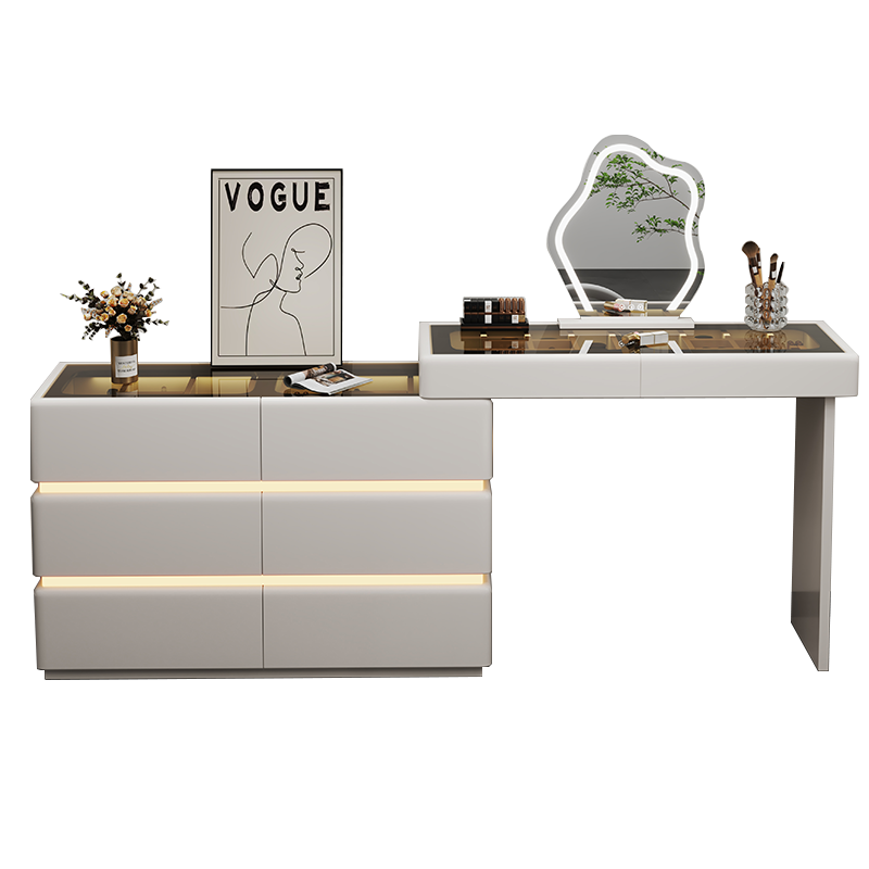 欧梵森奶油风梳妆台斗柜一体可伸缩转角带感应灯化妆桌现代简约卧室收纳柜