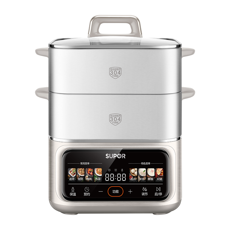 苏泊尔(SUPOR)电蒸锅全钢猛火2100W家用多功能锅炖蒸煮一体17L三层大容量不锈钢蒸笼可预约ZN26FC888