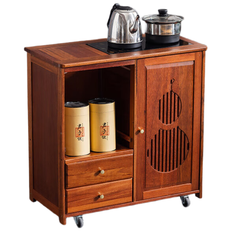 晋舰实木移动茶水柜茶桌边柜泡茶台烧水壶一体边柜单门双抽不锈钢电器