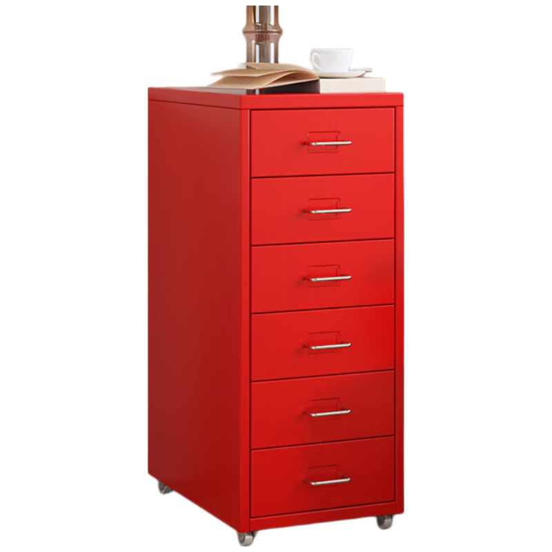 锦北钢制文件柜带轮多抽档案柜资料柜铁皮办公柜家用储物柜红色六抽