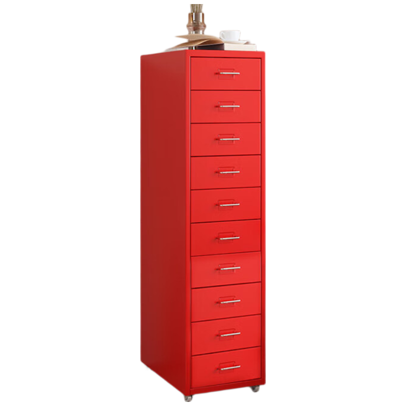戴劲钢制文件柜带轮多抽档案柜资料柜铁皮办公柜家用储物柜红色十抽