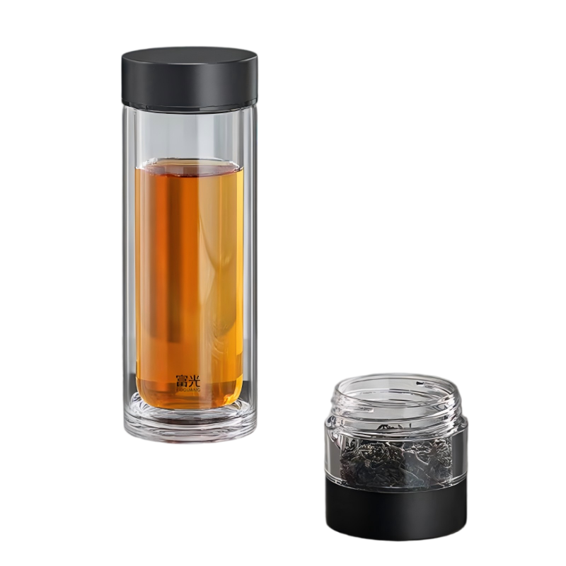 富光双层玻璃杯茶水分离泡茶杯子 高硼硅玻璃水杯商务便携男黑色300ml