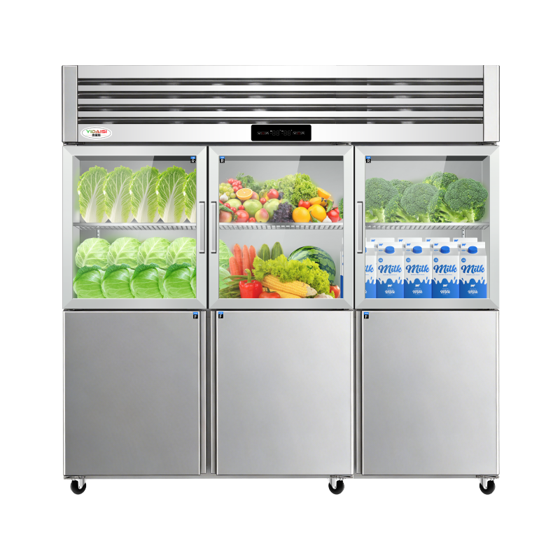 意黛斯 六门冷柜商用对开门厨房冰箱 立式展示柜不锈钢冷藏冷冻双温保鲜冰柜单门冷藏玻璃冰柜YDS-LBR6BL上冷藏下冷冻