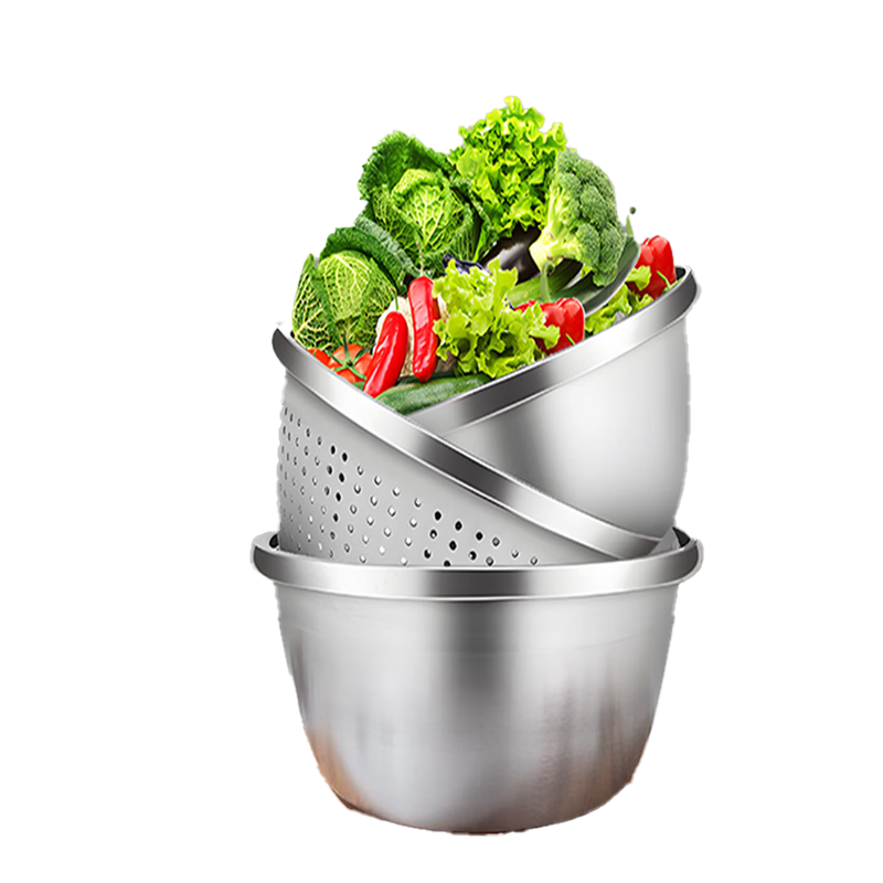 康巴赫 不锈钢盆筛三件套加厚沥水篮洗菜盆沙拉盆和面盆调料盆 米筛套装