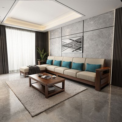 山海微澜 北欧轻奢胡桃木实木沙发组合现代客厅布艺沙发简约转角贵妃木沙发