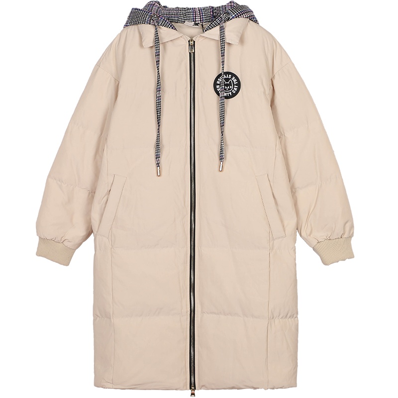 a02新款学院风字母印花格子连帽中长款羽绒服女DTU5B0041CT