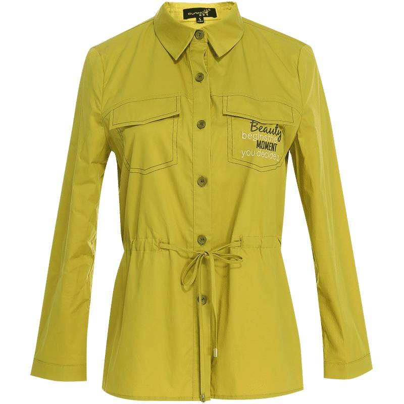 欧昵雪翻领绣花假口袋长袖衬衫女收腰显瘦上衣