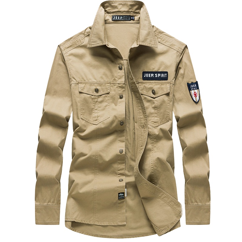 JEEP吉普春夏季青年男士韩版纯色衬衣男衬衫长袖时尚潮流休闲上衣