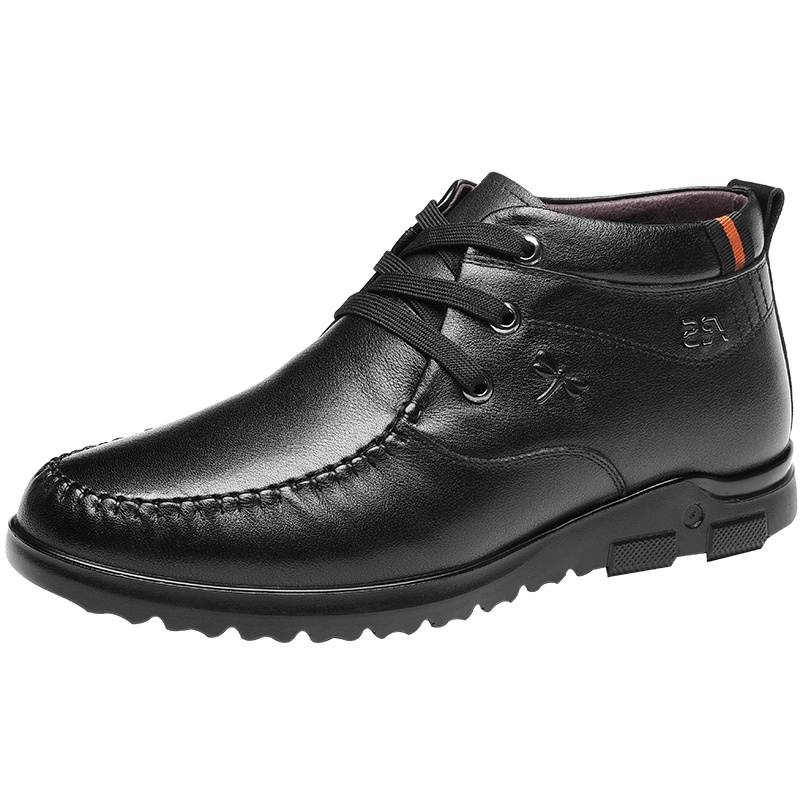 红蜻蜓男鞋冬季新款真皮商务休闲皮鞋男加绒保暖系带高帮棉鞋