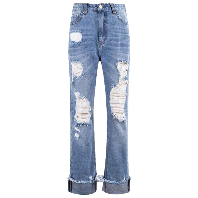 拉夏贝尔破洞牛仔裤女宽松乞丐新款韩国学生bf直筒翻边长裤子时尚20011721