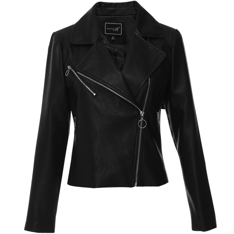 欧昵雪秋冬季翻领长袖短款机车修身夹克外套女显瘦pu皮衣