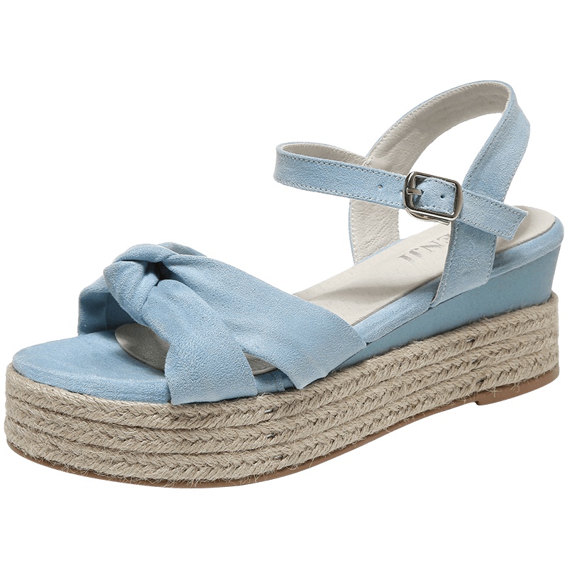 狄恩纪夏季蝴蝶结休闲厚底凉鞋女2019夏新编制坡跟凉鞋女时尚百搭