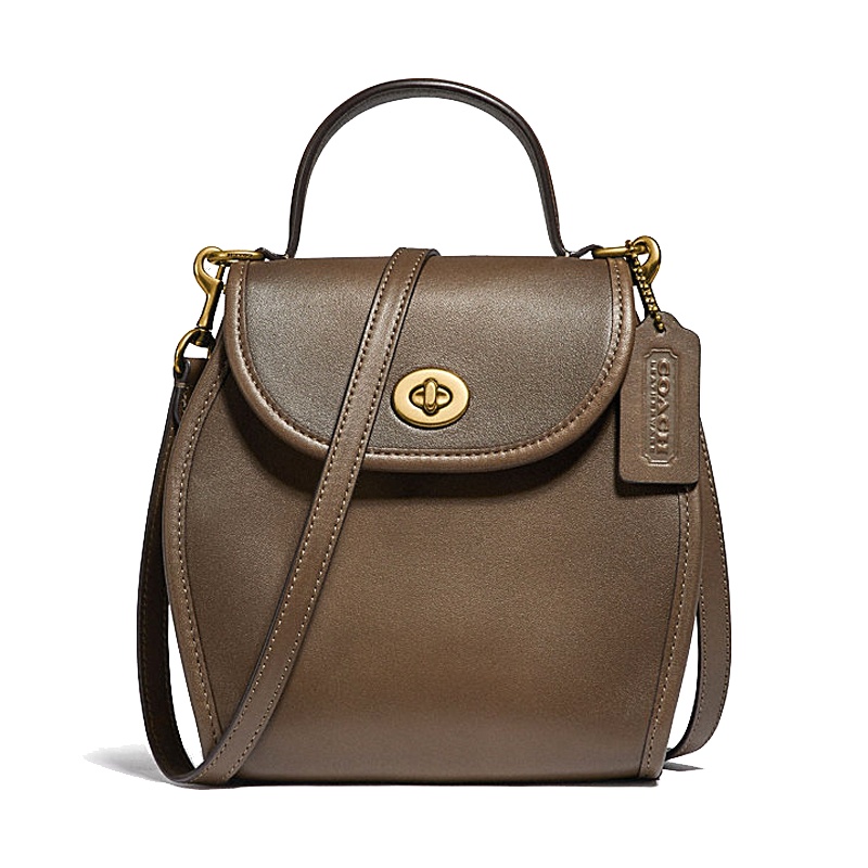 蔻驰 COACH 奢侈品 女士专柜款皮革弧线顶部手提单肩斜挎包小号咖绿色 128 B4QS0