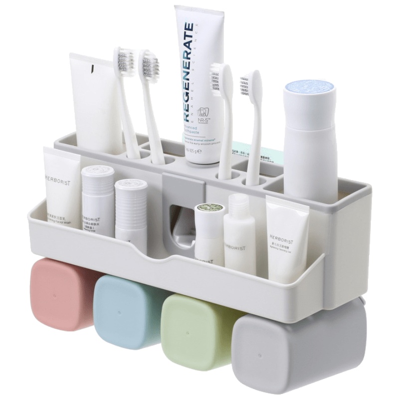 美帮汇牙刷架置物架免打孔全自动挤牙膏壁挂式洗漱牙杯套装四口之家