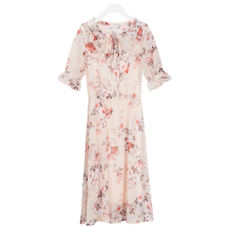 LaBabite蓝色碎花连衣裙女装夏季新款流行法式娃娃领雪纺a字智熏裙子_847 S 印花混色