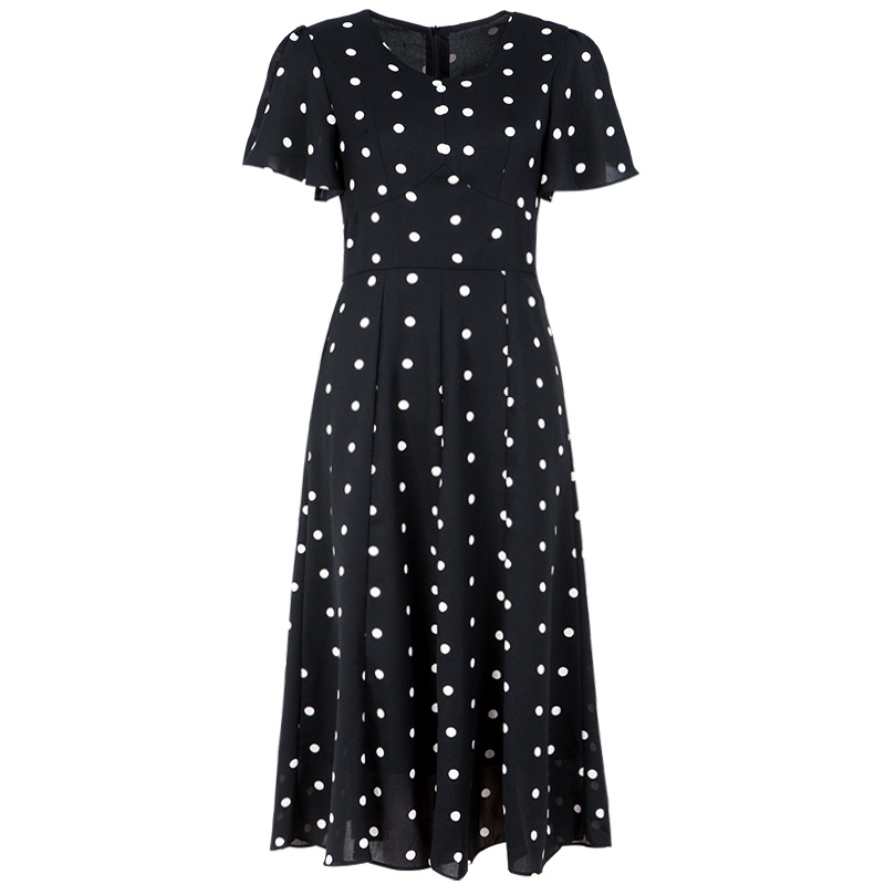 晩白 新品波点V领荷叶袖收腰显瘦中长款大摆雪纺连衣裙