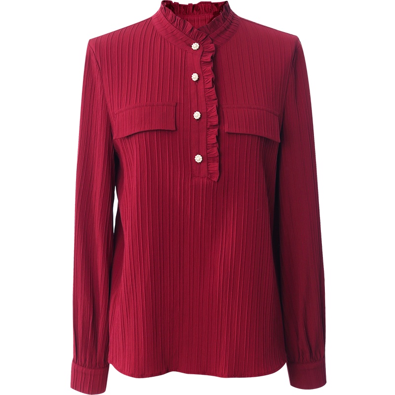 OUNIXUE欧昵雪 | [法式宫廷风衬衣]木耳边装饰立领纯色打底衫修身衬衫女