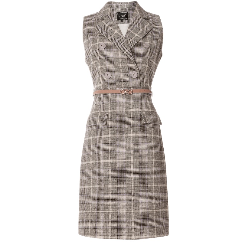 欧昵雪秋冬季格子修身显瘦无袖背心连衣裙女收腰中裙