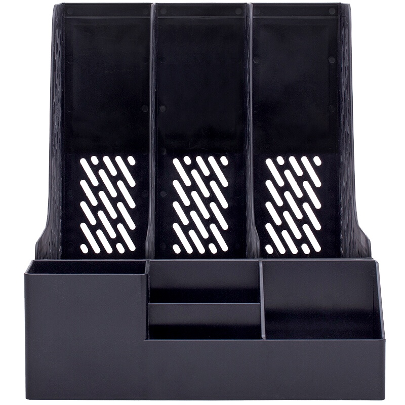 得力(deli)78980三联文件框 黑色 三联带笔筒收纳桌面文件框 多功能镂空文件栏/文件框/资料筐 办公用品