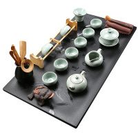 三维工匠家用茶具套装乌金石茶盘整块紫砂陶瓷玻璃茶具茶台现代简约茶海 23乌金石马到成功70+哥窑茶具 29件