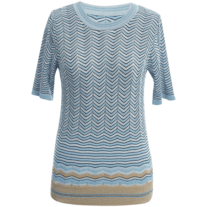 欧昵雪针织衫女年夏季圆领短袖条纹时尚修身拼接薄款上衣
