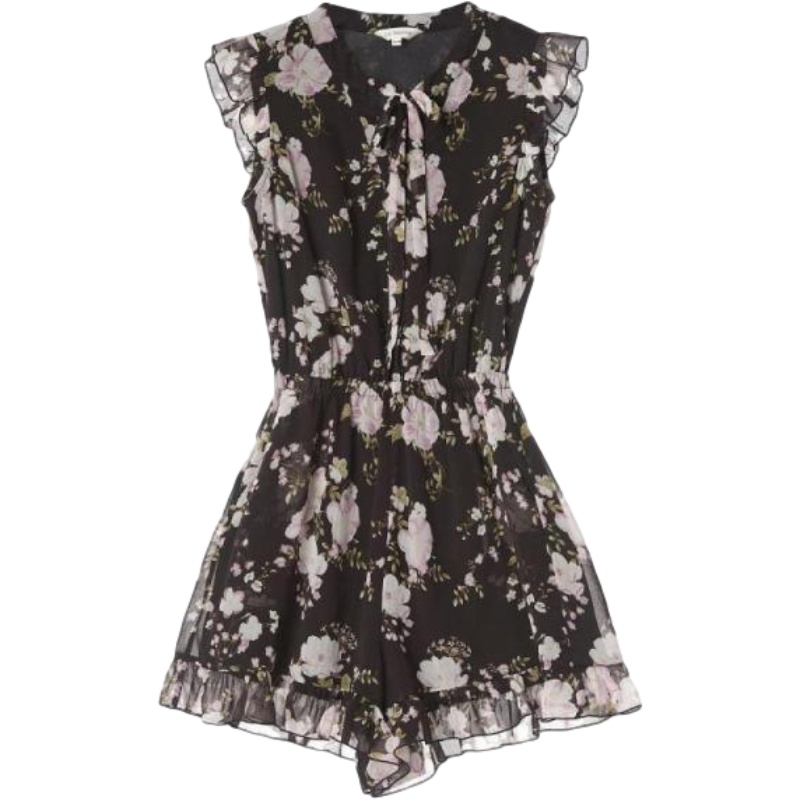 LaBabite夏季新款女式连体裤高腰宽松雪纺碎花休闲短裤女_843 S 印花混色