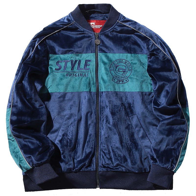 JPK设计原创国潮秋冬复古ins藏青色港风休闲宽松运动夹克外套男女