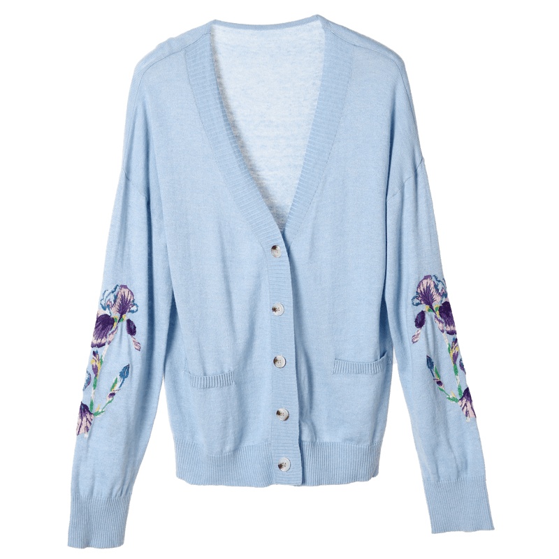 裂帛绣花针织开衫新款V领假双袋文艺百搭宽松长袖外套