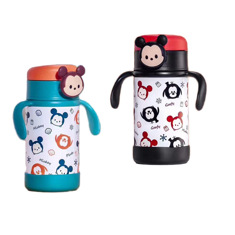 迪士尼儿童保温杯带吸管防摔外出携带宝宝喝水316不锈钢杯子婴儿保温水壶-红黑米奇真空保温防喷双耳学饮杯