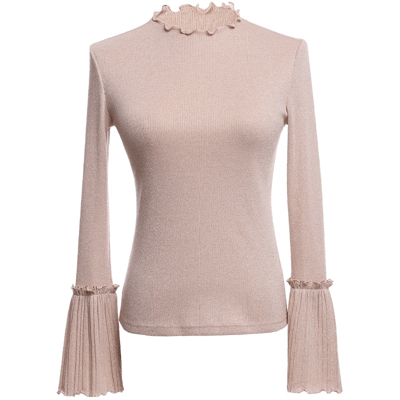 欧昵雪拼接喇叭袖修身半高圆领套头针织衫女毛衣打底衫