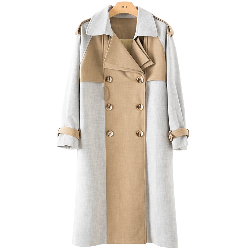 晚白2020冬季新品简约翻领拼色长袖修身系带显瘦职业长风衣外套女