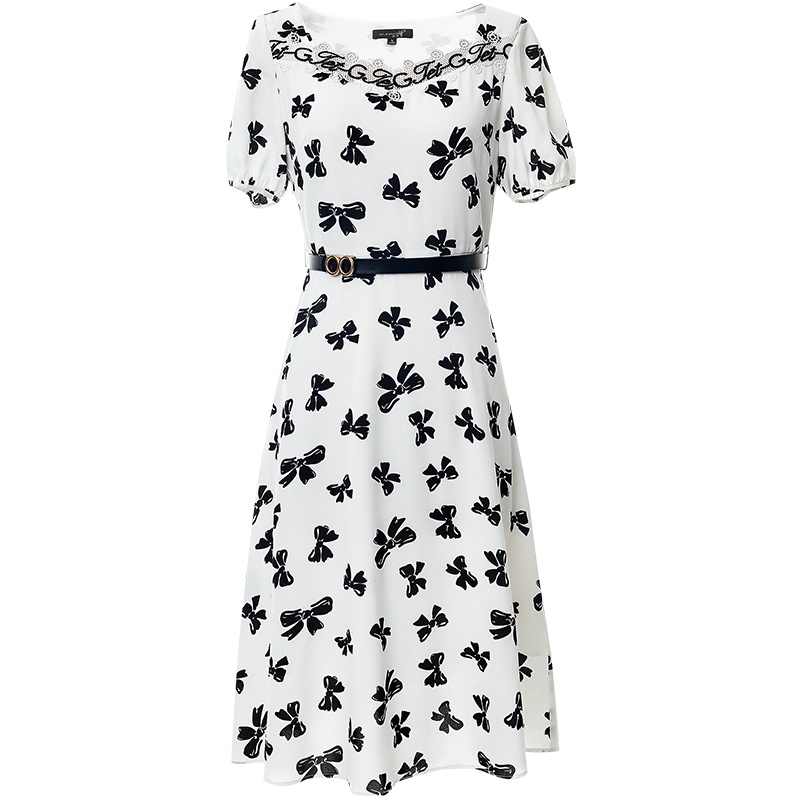 欧昵雪蝴蝶结印花夏蕾丝拼接V领收腰中长款短袖连衣裙