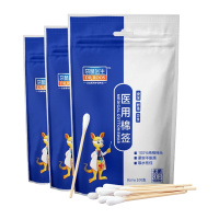 袋鼠医生婴儿棉签医用棉签竹棒型 8cm*100支*3袋塑封包装300只棉棒 化妆掏耳朵棉签棉棒贝亲同款脐带消毒上药棉签