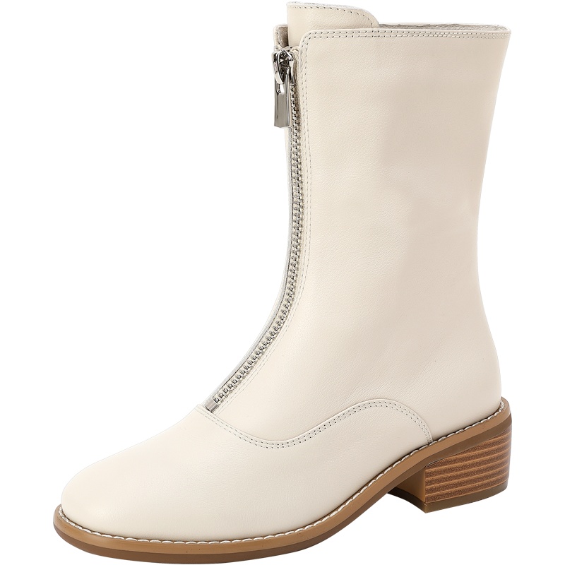 百田森商场同款鬼帝靴女中筒真皮英伦冬季新款前拉链短靴休闲靴子