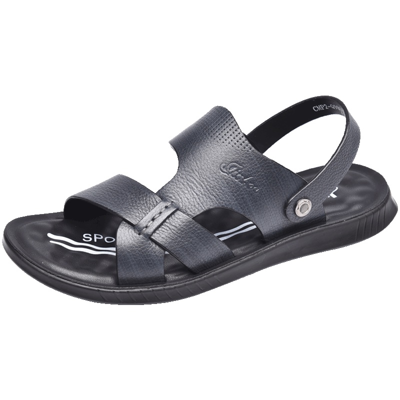 金猴19夏季新款简约休闲沙滩男凉鞋 牛皮套脚两穿皮凉拖 防滑舒适露趾洞洞鞋 Q98002