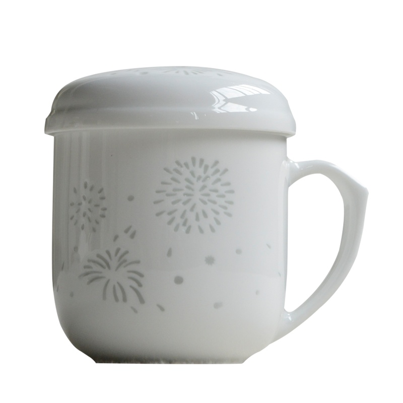 景德镇古镇陶瓷茶杯套装玲珑瓷带盖过滤杯定制陶瓷杯办公室马克杯中号过滤杯前程似锦