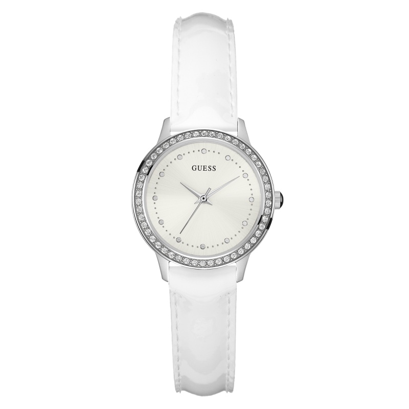 GUESS简约经典镶嵌白色真皮石英女士腕表W0648L5