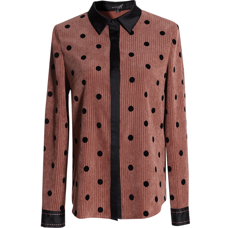 欧昵雪秋冬季绣花撞色长袖植绒波点衬衫女圆点灯芯绒衬衣