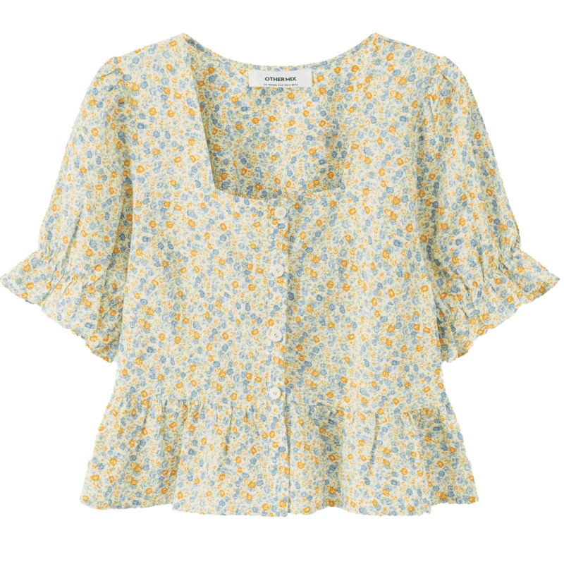 OtherMix泡泡袖碎花雪纺衫2021年夏季新款拼接荷叶边女式开衫上衣
