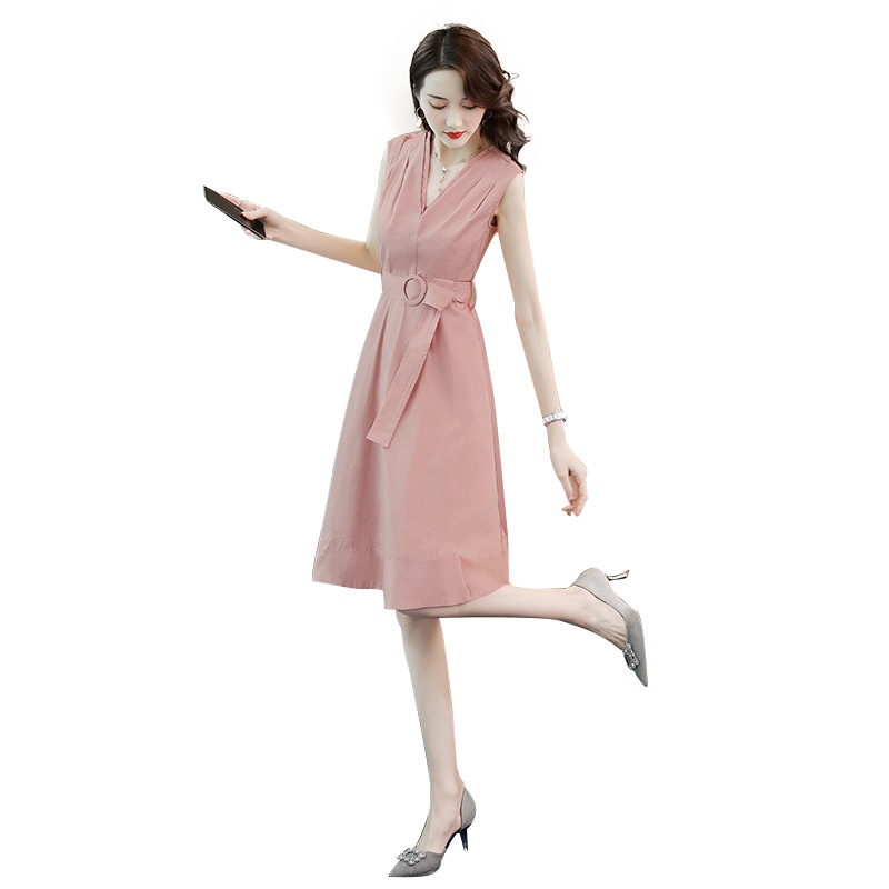 丝柏舍2019夏季时尚纯色简约V领无袖收腰连衣裙女S92R2117L