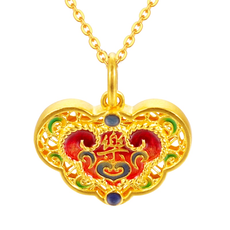 黄金码头足金999古法烧蓝快乐心形吊坠复古国风送宝宝子女金坠子